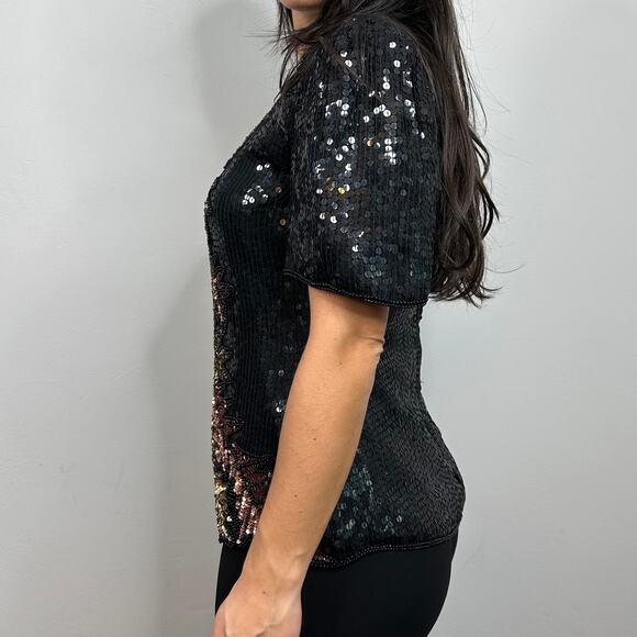 Stenay Vintage Silk Black Fall Leaf Pattern Sequin & Beaded Blouse - Picture 4 of 8